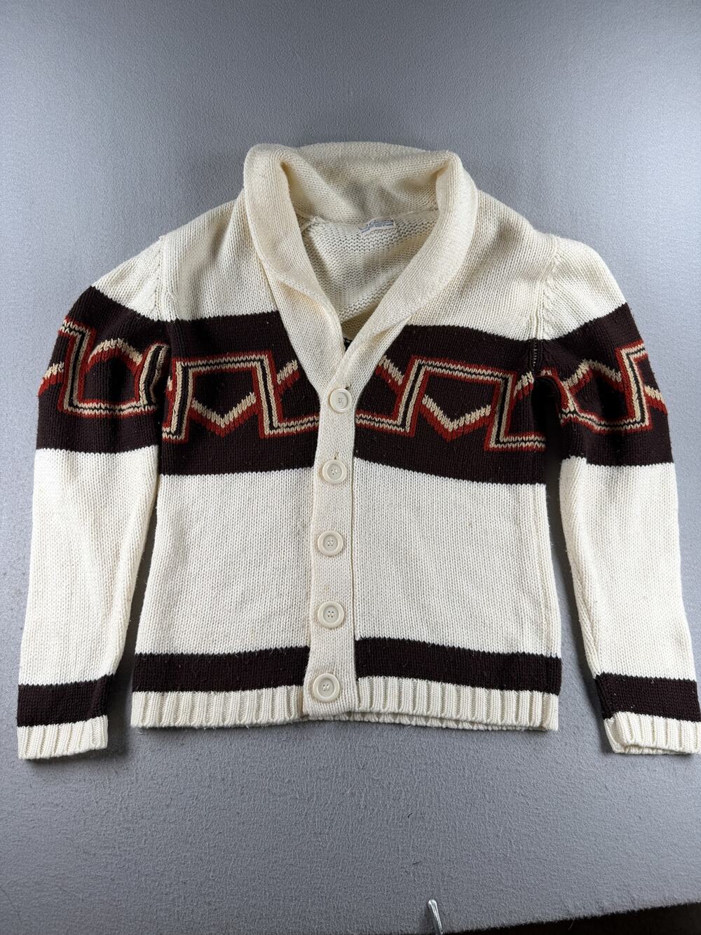 Vintage Country Acrylic Cardigan Sweater Geometric Shawl Collar Cream Brown Red